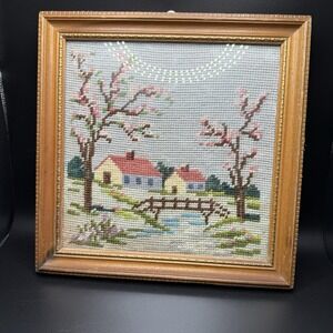 Vtg Framed Needlepoint COUNTRY HOUSE Handmade Art Gallery Wall Square 10 x 10